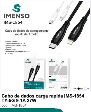 Cabo de dados carga rápida TY-5G 9.1A 27W 200PC/CX R$5,4