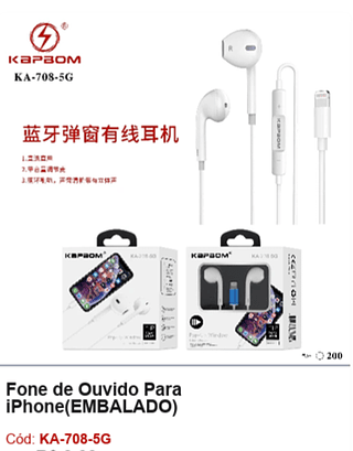 Fone de Ouvido Para iPhone R$7,2 PCS/Cx:200