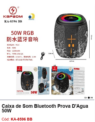 Caixa de Som Bluetooth Prova D'Água 50W R$40,5 PCS/CX:50