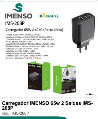 Carregador IMENSO 65w 2 Saídas 100PC/CX R$31,5