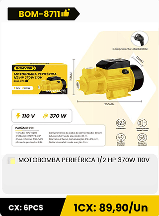 MOTOBOMBA PERIFÉRICA 1/2 HP 370W 110V CX: 6PCS 1CX: 89,90/Un