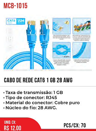 CABO DE REDE CAT6 1 GB 28 AWG 70pç=12$