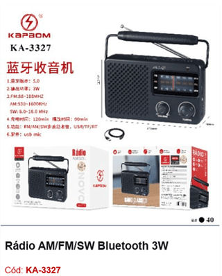 Rádio AM/FM/SW Bluetooth 3W R$43,2 PCS/CX:40