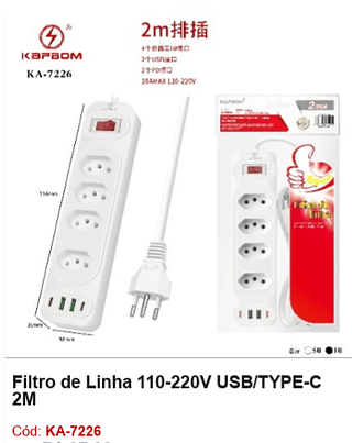 Filtro de Linha 110-220V USB/TYPE-C 2M R$ 29,7 PCS/CX:60