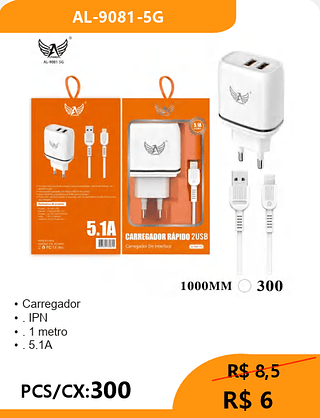CARREGADOR LIGHTNING PCS/CX:300 R$ 6