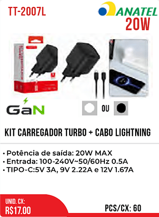 KIT CARREGADOR TURBO + CABO LIGHTNING 60pç=17$