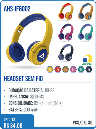 HEADSET SEM FIO UNID. CX: R$ 34.00 PCS/CX: 30