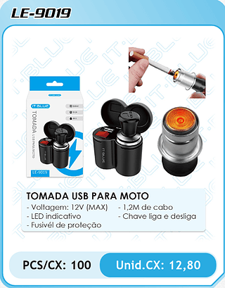 TOMADA USB PARA MOTO - Voltagem: 12V (MAX) - 1,2M de cabo - LED indicativo - Fusivél de proteção PCS/CX: 100 Unid.CX: 12,80