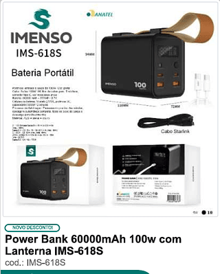 Power Bank 60000mAh 100w com Lanterna R$184,5 PC/CX 10