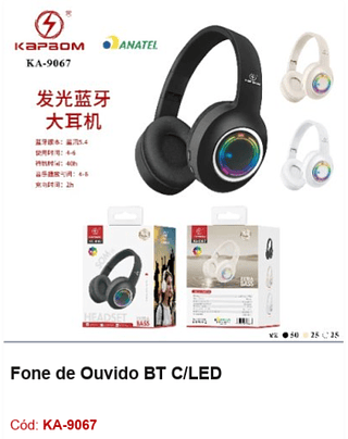 Fone de Ouvido BT C/LED R$28,8 PCS/Cx:100