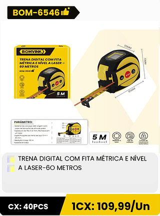 TRENA DIGITAL COM FITA MÉTRICA E NÍVEL A LASER-6O METROS CX: 40PCS 1CX: 109,99/Un