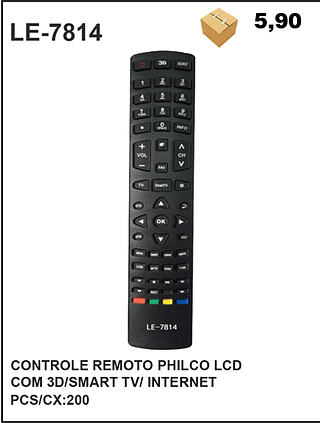 CONTROLE REMOTO PHILCO LCD COM 3D/SMART TV/ INTERNET 200PÇ=5,9$