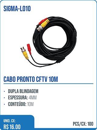 CABO PRONTO CFTV 10M UNID. CX: R$ 16.00 PCS/CX: 100