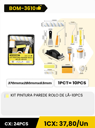 KIT PINTURA PAREDE ROLO DE LÃ-10PCS CX: 24PCS 1CX: 37,80/Un