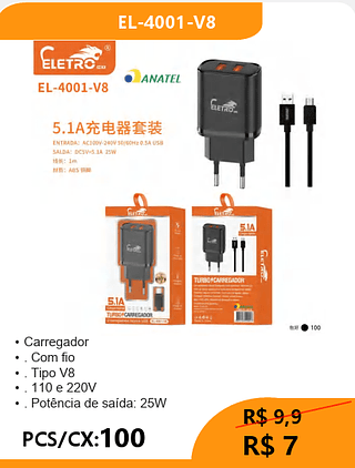 CARREGADOR V8 PCS/CX:100 R$7