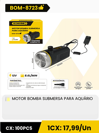 MOTOR BOMBA SUBMERSA PARA AQUÁRIO CX: 100PCS 1CX: 17,99/Un