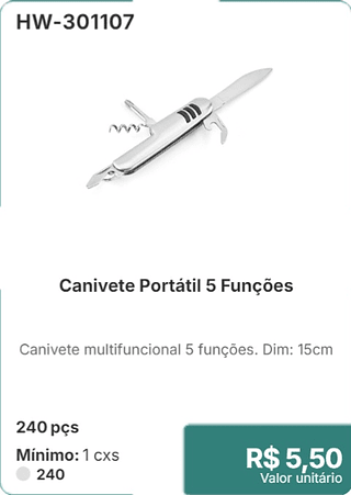 Canivete Portátil 5 Funções 240 pçs R$ 5,50