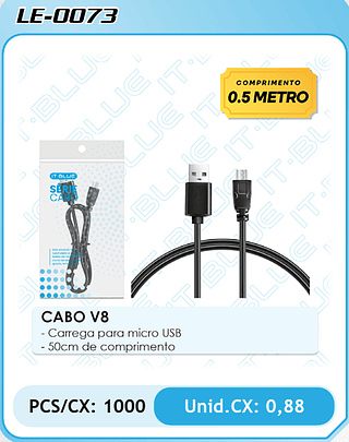 CABO V8 - Carrega para micro USB - 50cm de comprimento PCS/CX: 1000 Unid.CX: 0,88