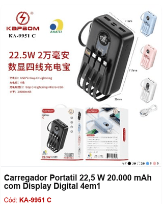 Carregador Portatil 22,5 W 20.000 mAh com Display Digital 4em1 R$68,4 PCS/CX: 60