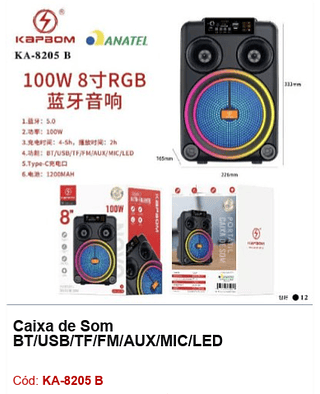 Caixa de Som BT/USB/TF/FM/AUX/MIC/LED R$117 PCS/CX:12