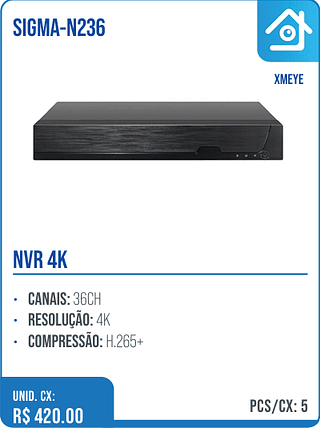 NVR 4K UNID. CX: R$ 420.00 PCS/CX: 5