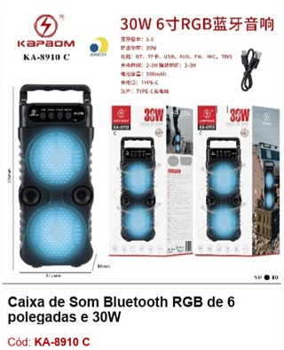 Caixa de Som Bluetooth RGB de 6 polegadas e 30W R$44,1 PCS/CX:40