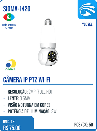CÂMERA IP PTZ WI-FI UNID. CX: R$ 75.00 PCS/CX: 50