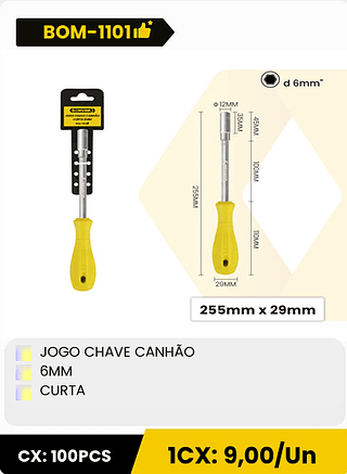 JOGO CHAVE CANHÃO 6MM CURTA CX: 100PCS ICX: 9,00/Un