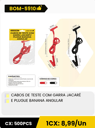 CABOS DE TESTE COM GARRA JACARÉ E PLUGUE BANANA ANGULAR CX: 500PCS 1CX: 8,99/Un
