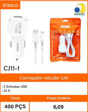 Carregador veicular 3.1A - Caixa 400 PCS Preco Unitario 6,09
