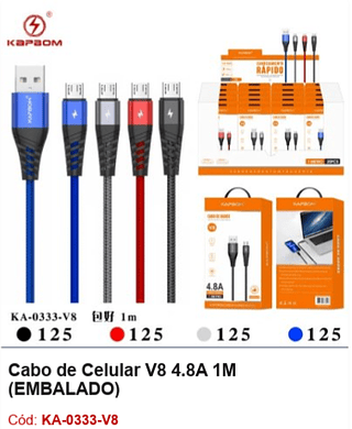 Cabo de Celular V8 4.8A 1M R$ 2,7 PCS/cx:500