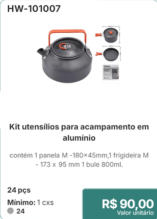 Kit utensílios para acampamento em alumínio 24 pçs R$ 90,00