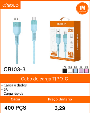 Cabo de carga TIPO-C Caixa 400 PCS Preco Unitario 3,29