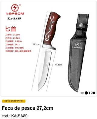Faca de pesca 27,2cm R$ 29,7 PC/CX:120