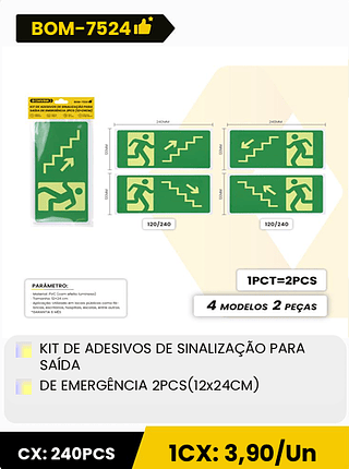 KIT DE ADESIVOS DE SINALIZAÇÃO PARA SAIDA DE EMERGÊNCIA 2PCS(12x24CM) CX: 240PCS 1CX: 3,90/Un