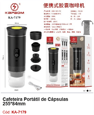 Cafeteira Portátil de Cápsulas 255*84mm R$ 157,5 PCS/CX: 25