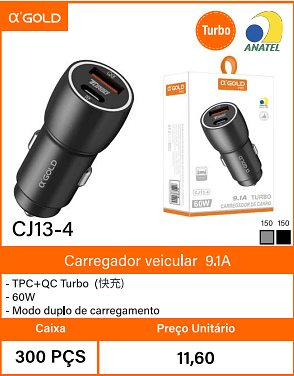 Carregador veicular9.1A Caixa 300 PCS Preco Unitario 11,60