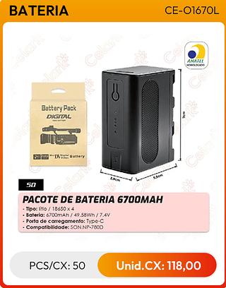 PACOTE DE BATERIA 6700MAH PCS/CX: 50 Unid.CX: 118,00