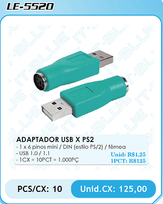 ADAPTADOR USB X PS2 PCS/CX: 10 Unid.CX: 125,00
