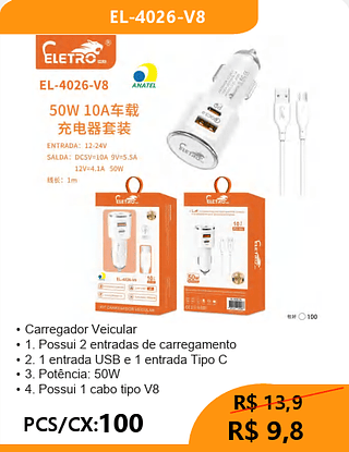 CARREGADOR VEICULAR PCS/CX:100 R$9,8