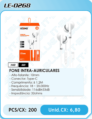 FONE INTRA-AURICULARES - Alto-falante: 10mm - Conector: Type-C - Comprimento: ± 1,2M - Frequência: 18~ 20.000Hz - Sensibilidade: 116dB±33dB - Impedância: 32ohms PCS/CX: 200 Unid.CX: 6,80