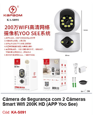 Câmera de Segurança com 2 Câmeras Smart Wifi 200K HD (APP Yoo See) R$ 81 PCS/CX:50