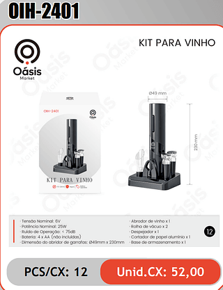 KIT PARA VINHO PCS/CX: 12 Unid.CX:52,00