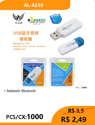 Adatador Bluetooth PCS/CX:1000 R$ 2,49