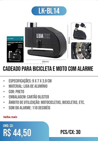 CADEADO PARA BICICLETA E MOTO COM ALARME 30pç=44,50$