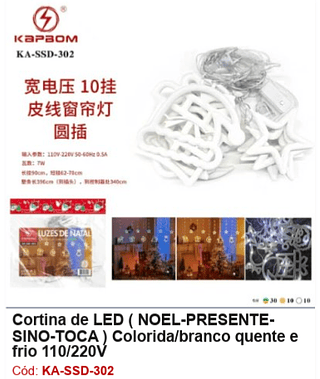 Cortina de LED ( NOEL-PRESENTESINO-TOCA ) Colorida/branco quente e frio 110/220V R$ 31,5 PCS/CX:50