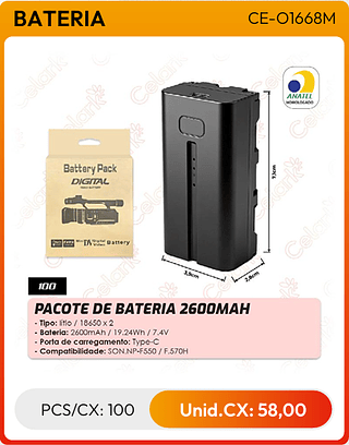 PACOTE DE BATERIA 2600MAH PCS/CX: 100 Unid.CX: 58,00