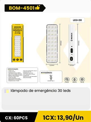 lâmpada de emergência 30 leds CX: 60PCS 1CX: 13,90/Un