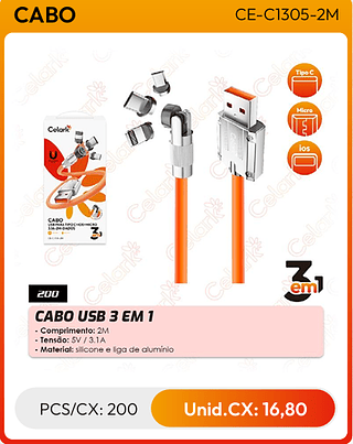 CABO USB 3 EM 1 PCS/CX: 200 Unid.CX: 16,80