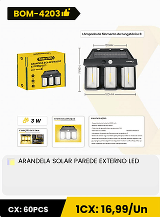 ARANDELA SOLAR PAREDE EXTERNO LED CX: 60PCS 1CX: 16,99/Un